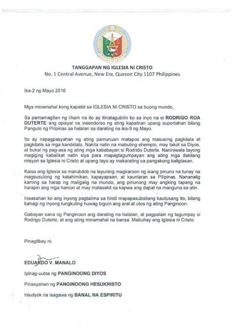 letter to iglesia ni cristo tagalog